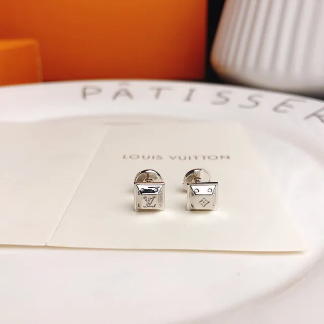 Louis Vuitton Square Stud Gold Silver Monogram-Engraved Earrings 2