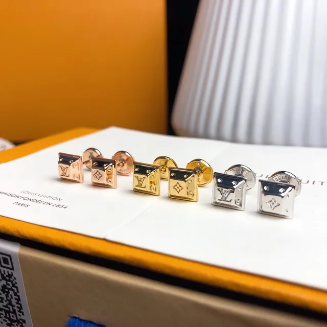 Louis Vuitton Square Stud Gold Silver Monogram-Engraved Earrings 6
