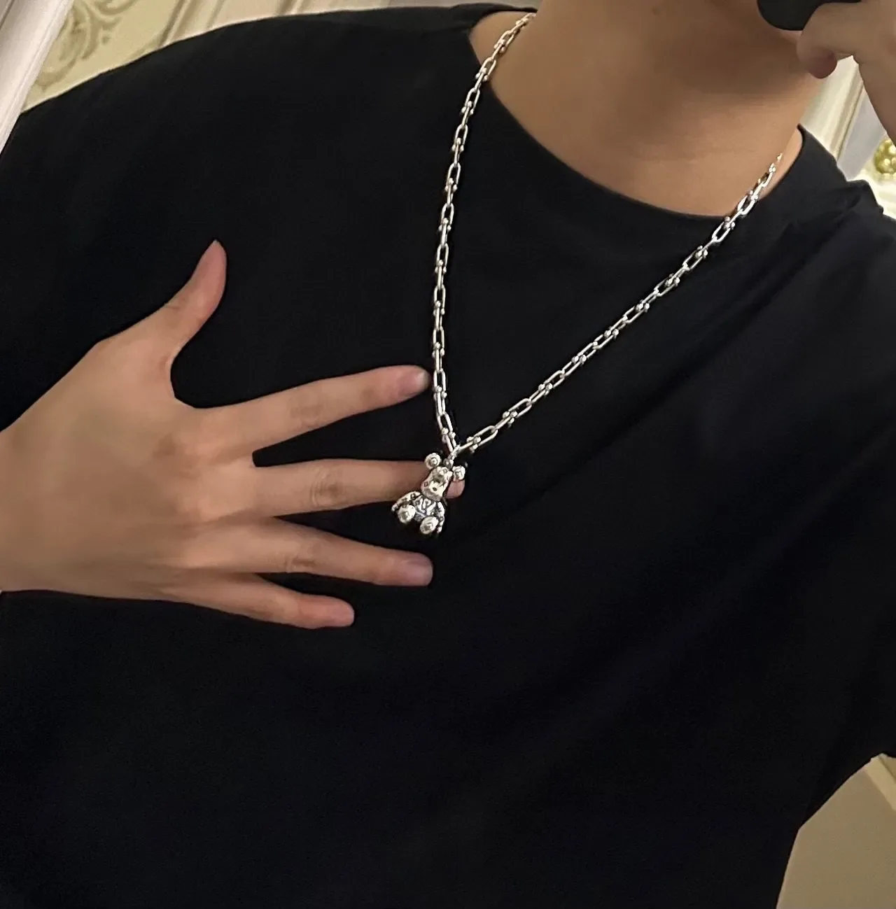 Louis Vuitton Teddy Bear Monogram Enamel Silver Necklace 2