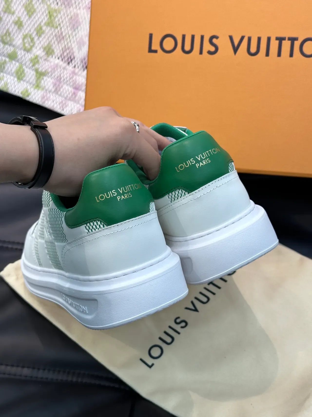 Louis Vuitton White Green Low-Top Mesh-and-Leather Panelled Lifestyle Sneakers 3