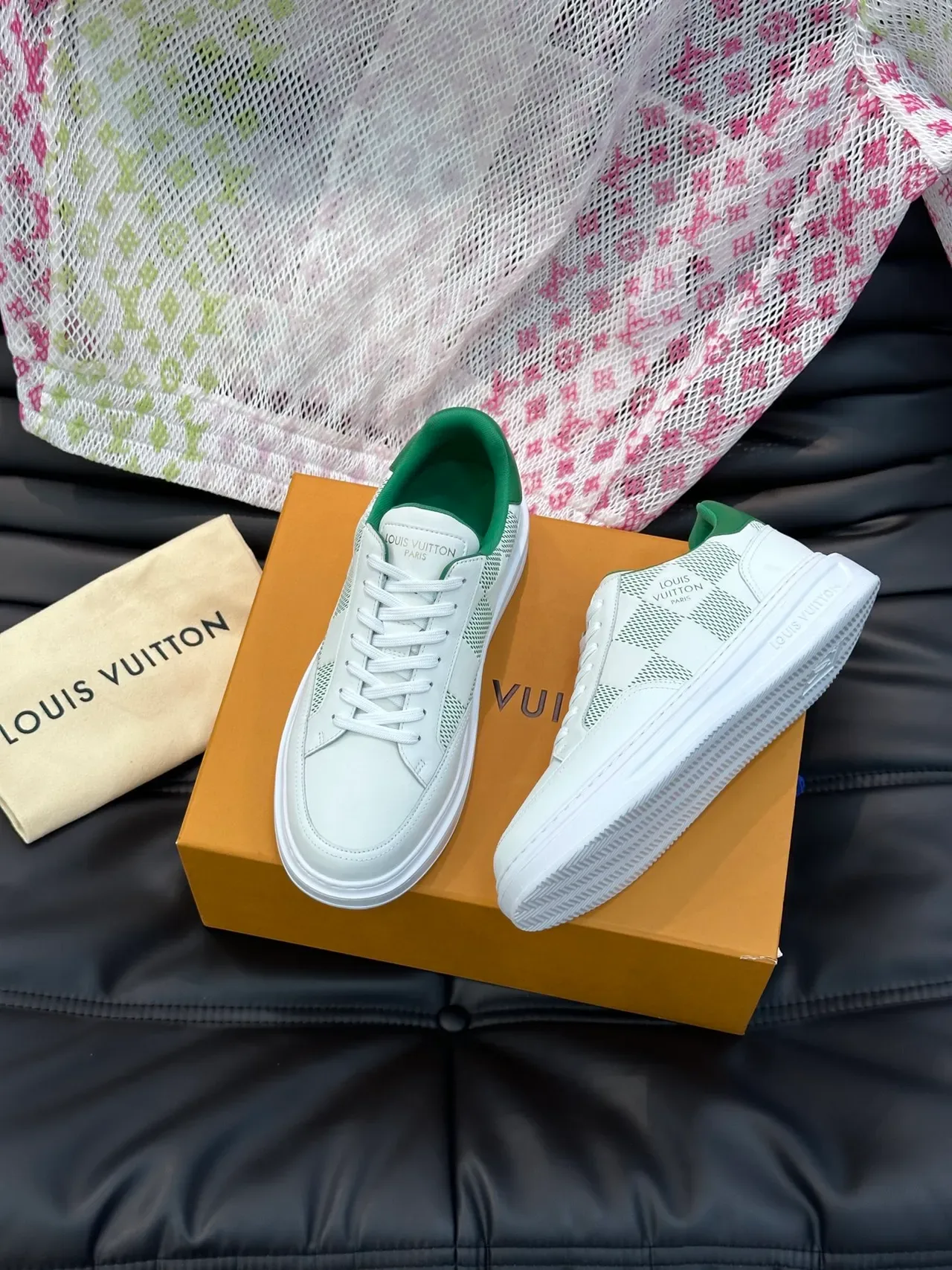 Louis Vuitton White Green Low-Top Mesh-and-Leather Panelled Lifestyle Sneakers 4