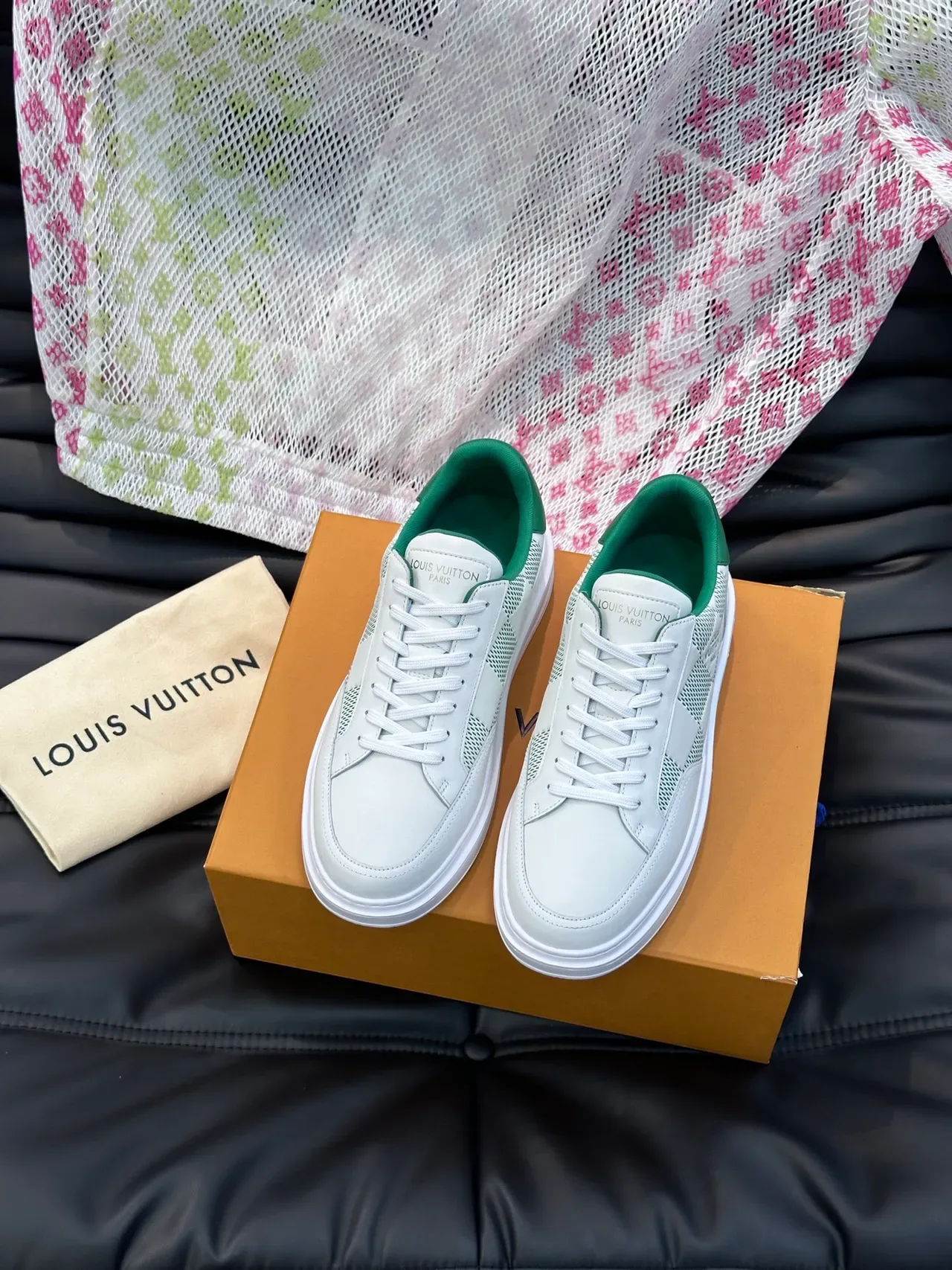 Louis Vuitton White Green Low-Top Mesh-and-Leather Panelled Lifestyle Sneakers 5