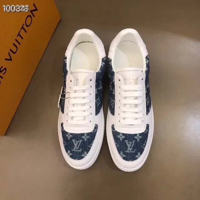 Louis Vuitton White Navy Low-Top Monogram-Print Denim Panels Lifestyle Sneakers 5