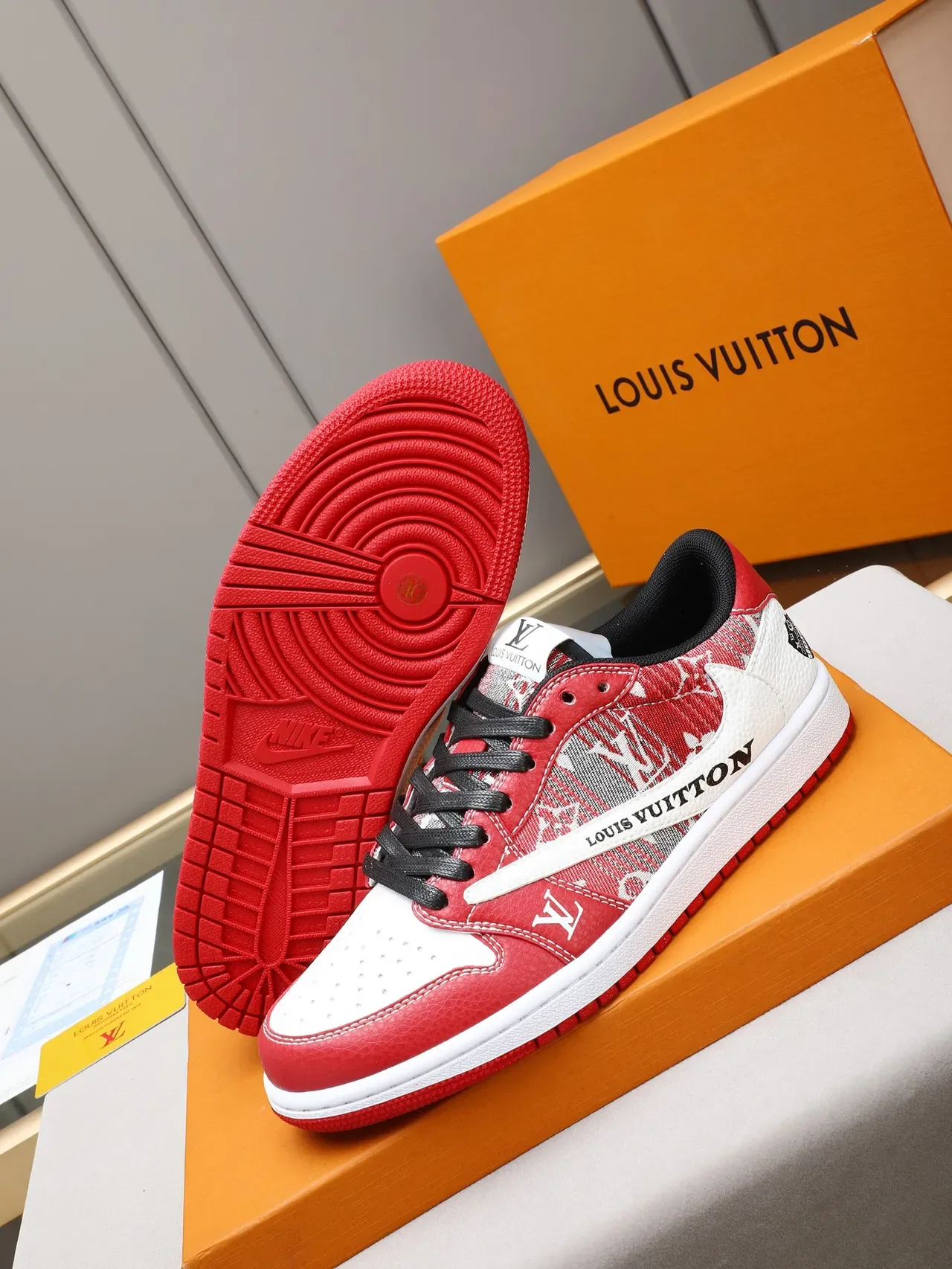 Louis Vuitton x Nike Air Jordan 1 Low Monogram Red White Lifestyle Sneakers 4