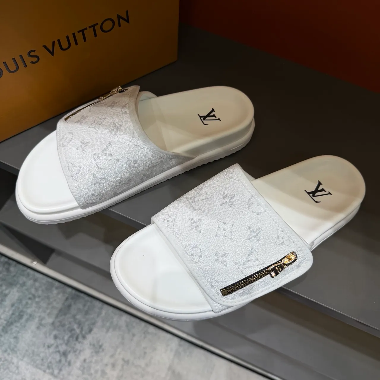 Louis Vuitton Zipper-Strap Monogram and Damier Slide Slippers 13