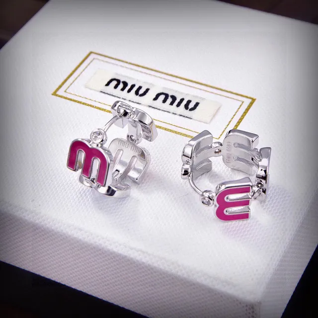 Miu Miu Logo Charm Pink Enamel Crystal Earrings 4