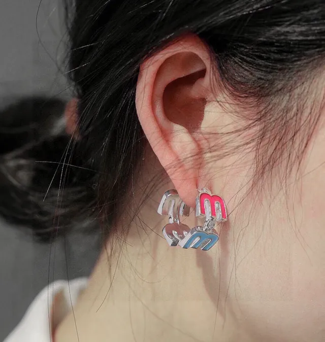 Miu Miu Logo Charm Pink Enamel Crystal Earrings 5
