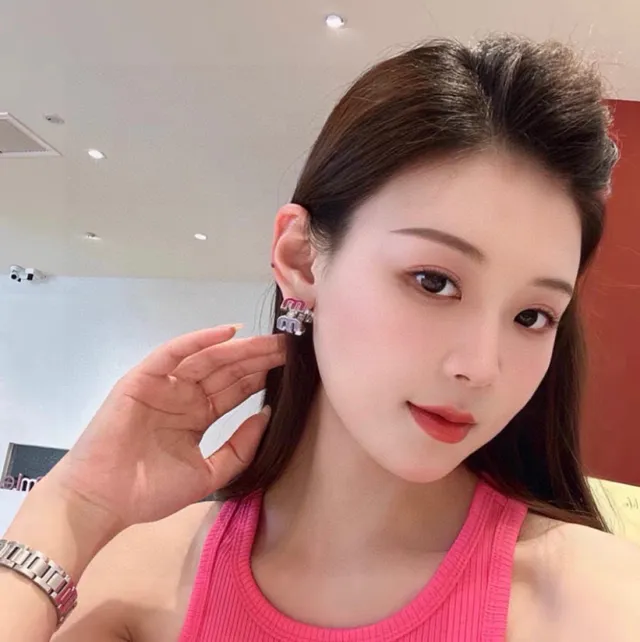 Miu Miu Logo Charm Pink Enamel Crystal Earrings 7