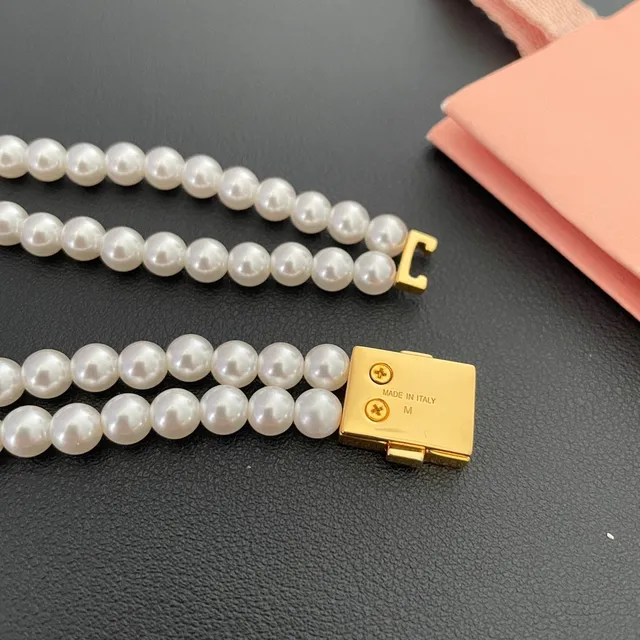 Miu Miu Logo मोती सफेद सोना डबल स्ट्रैंड नेकलेस 5