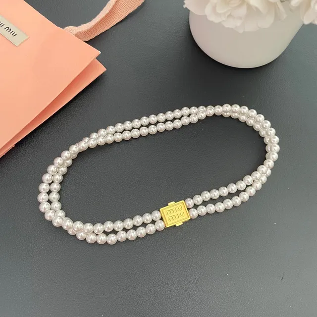 Miu Miu Logo मोती सफेद सोना डबल स्ट्रैंड नेकलेस 7
