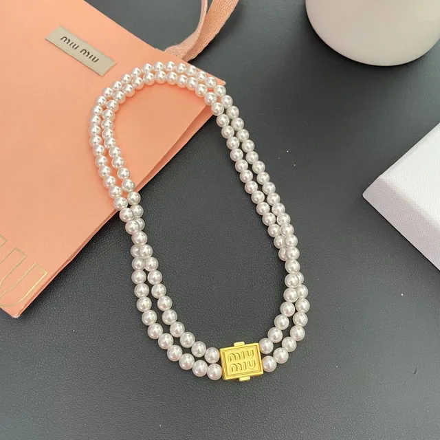 Miu Miu Logo मोती सफेद सोना डबल स्ट्रैंड नेकलेस 8