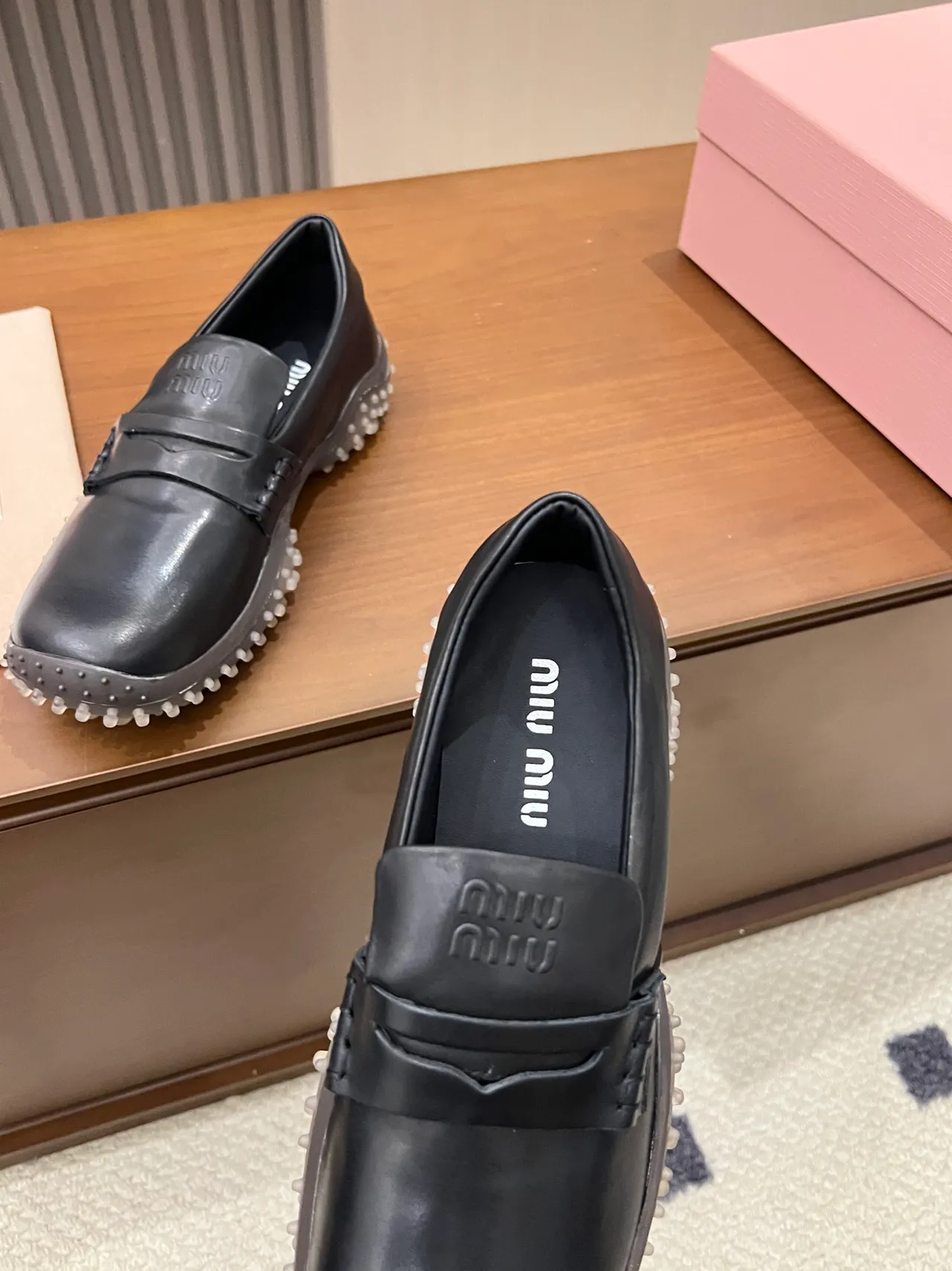 Miu Miu Wander Negro Gris Cuero Mocasines Suela con Tachuelas Mocasín 3