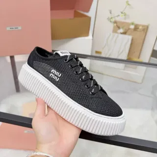 Miu Miu Wander Black White Mesh Upper Ridged Platform Sole Chunky Sneakers