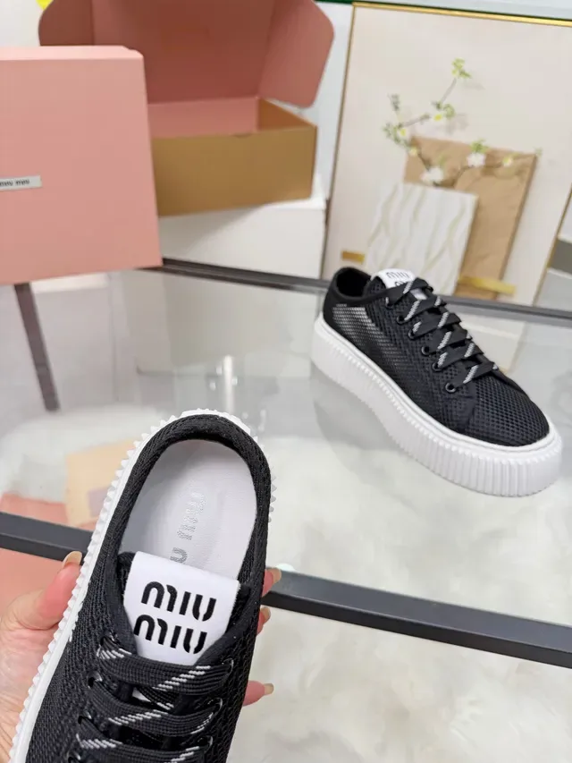 Miu Miu Wander Black White Mesh Upper Ridged Platform Sole Chunky Sneakers 3