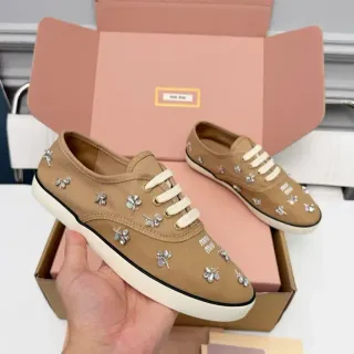 Miu Miu Wander Tan Canvas Crystal Floral Lifestyle Sneakers