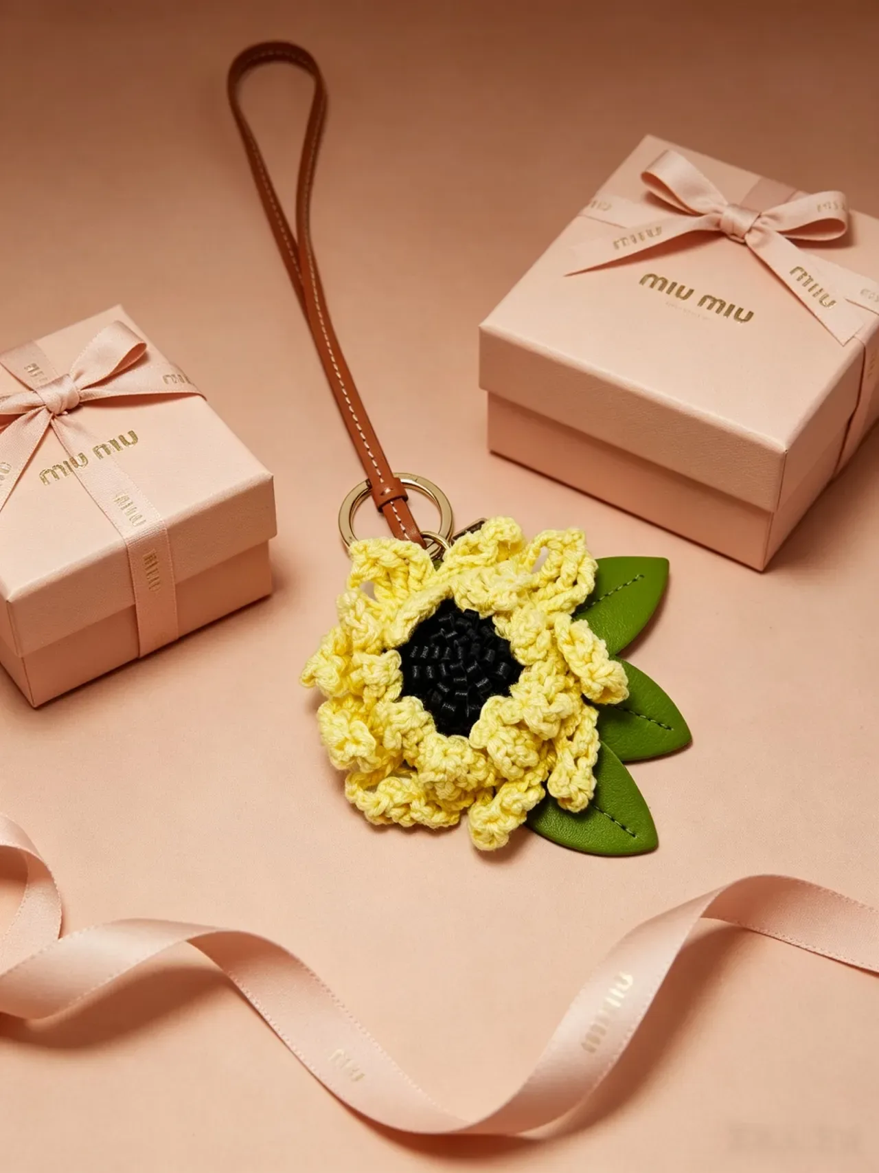Miu Miu Pulsera de Muñeca Amarillo Rosa Floral de Ganchillo Cuero 3