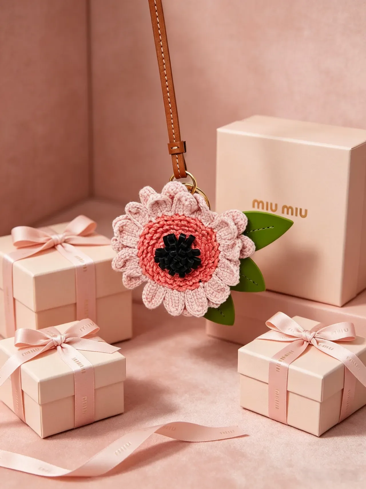 Miu Miu Pulsera de Muñeca Amarillo Rosa Floral de Ganchillo Cuero 5