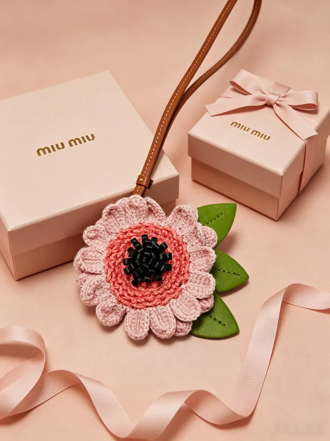 Miu Miu Pulsera de Muñeca Amarillo Rosa Floral de Ganchillo Cuero 7