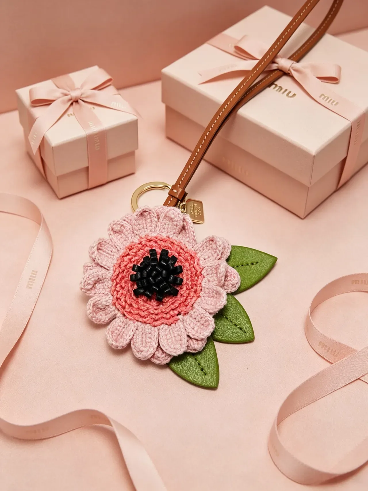 Miu Miu Pulsera de Muñeca Amarillo Rosa Floral de Ganchillo Cuero 9