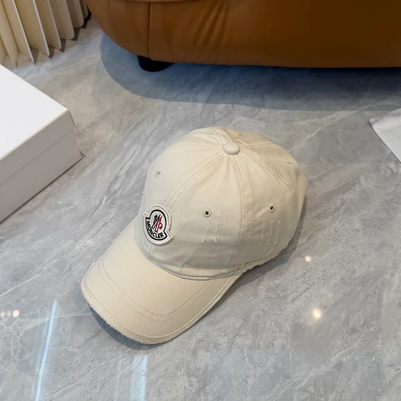Moncler Beige Black Embroidered Logo Patch Washed Cotton Appearance Baseball Cap 4