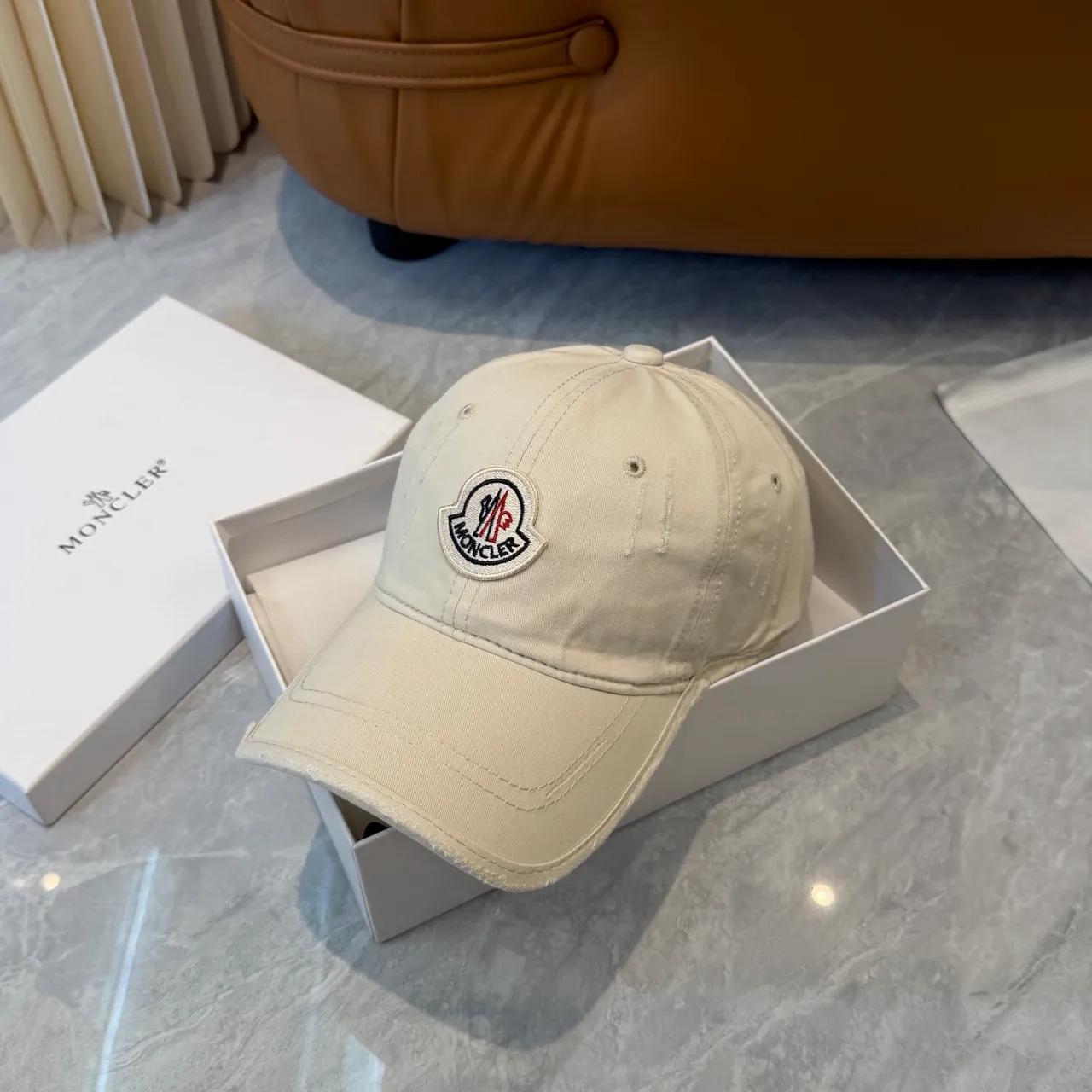 Moncler Beige Black Embroidered Logo Patch Washed Cotton Appearance Baseball Cap 5