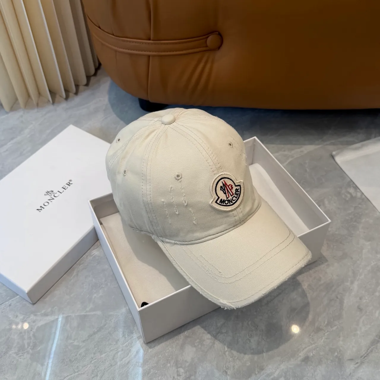 Moncler Beige Black Embroidered Logo Patch Washed Cotton Appearance Baseball Cap 6