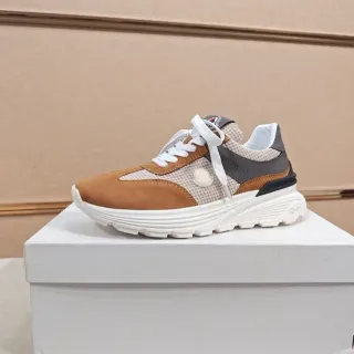 Moncler Brown Beige Mixed-Material Upper Herringbone Textile Panels Sneakers