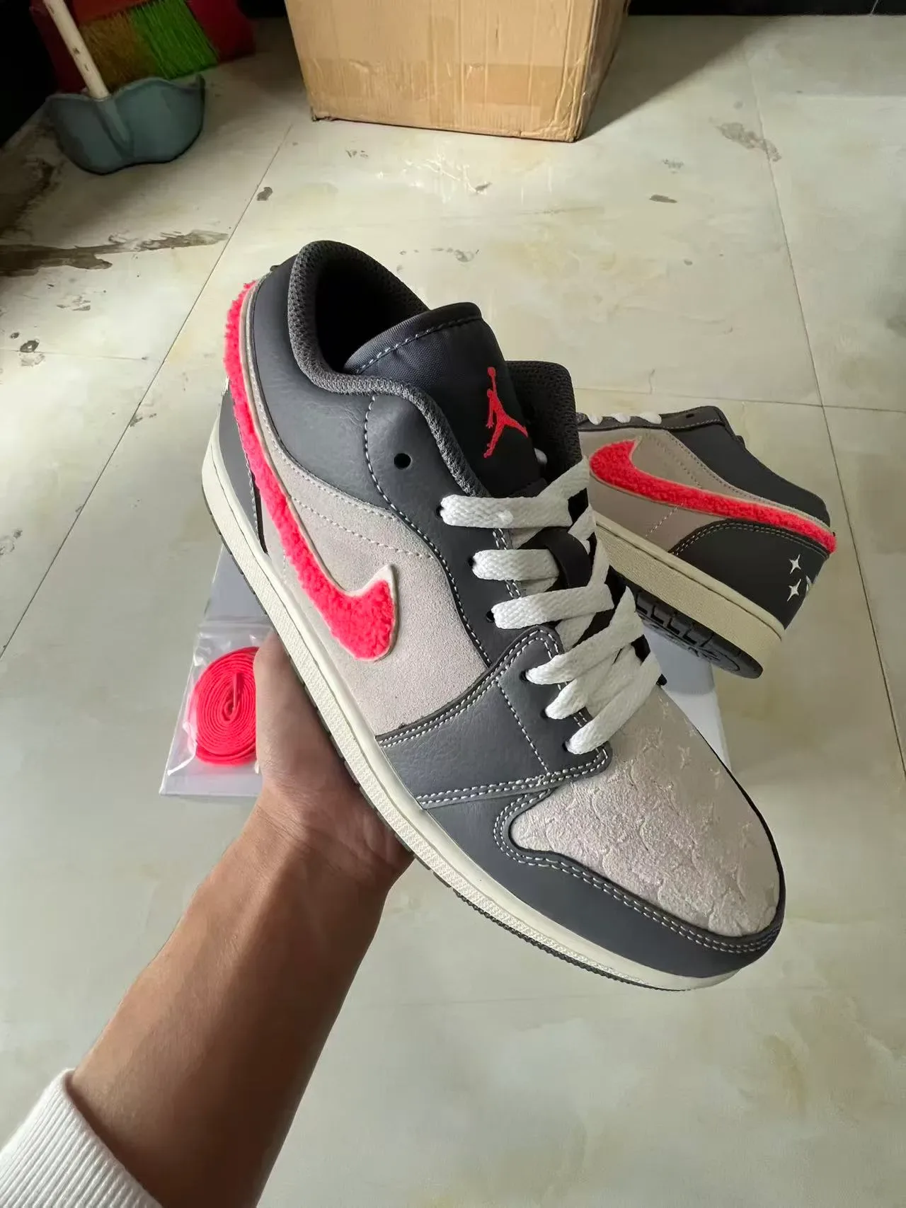 Nike Air Jordan 1 Low Fuzzy Pink Gray Lifestyle Sneakers 2