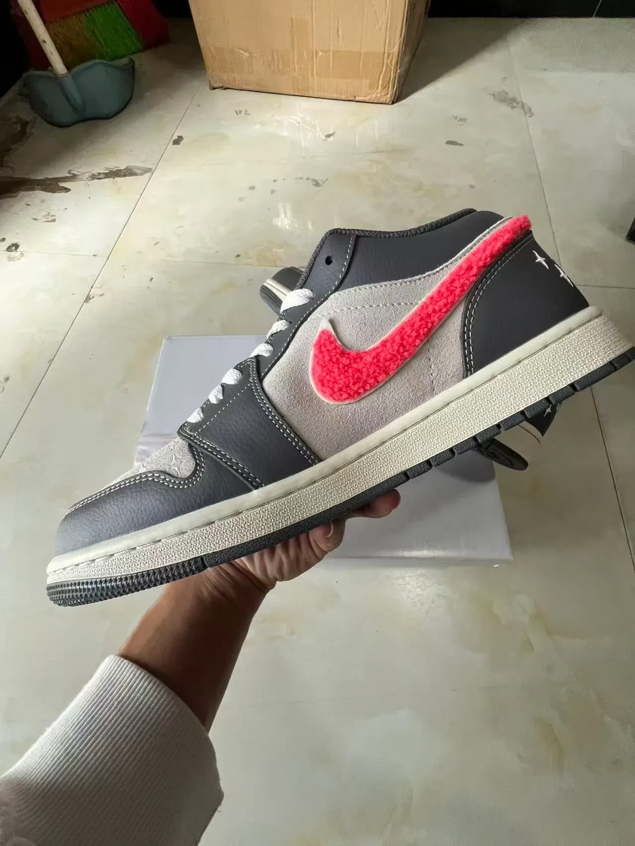 Nike Air Jordan 1 Low Fuzzy Pink Gray Lifestyle Sneakers 5