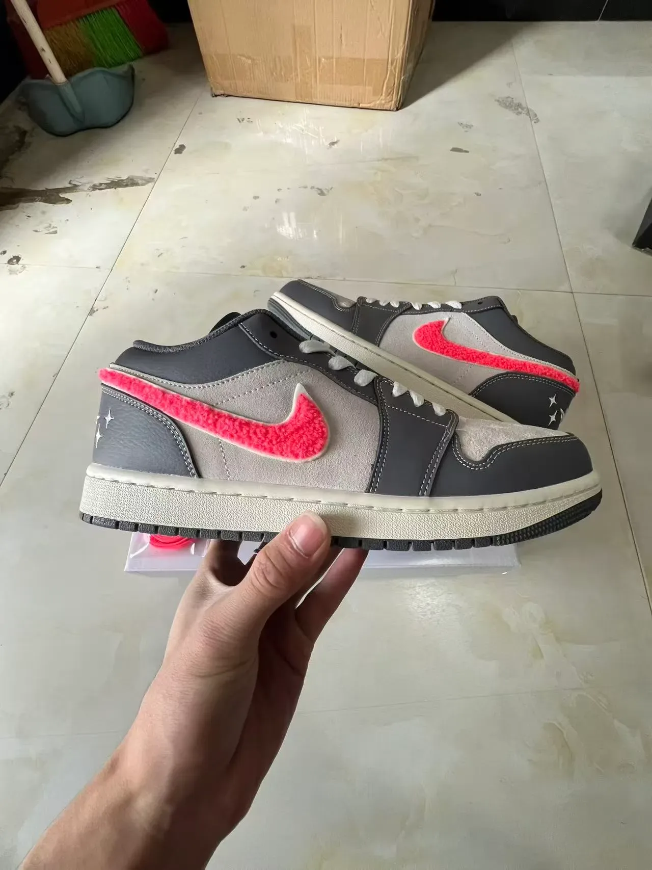 Nike Air Jordan 1 Low Fuzzy Pink Gray Lifestyle Sneakers 7