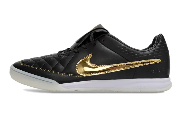 نايك أسود ذهبي جلد مبطن أعلى Swoosh معدني أحذية كرة قدم داخلية 6