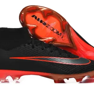 Chuteira de Futebol Nike Preto e Vermelho Alta Corte em Malha Translucida Air Zoom Sola FG