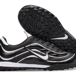 Nike Preto Branco Couro Superior Overlay Estilo Wave Sapatos de Futebol Turf