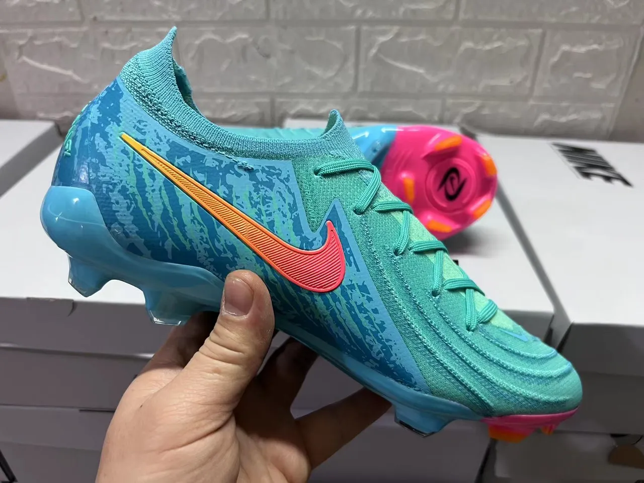 Nike Blue Pink Knit Upper Gradient Firm-Ground Soccer Shoes 5