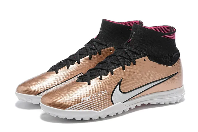 Nike Sapatos de Futebol Turf com Colar de Ajuste a Meia, Parte Superior de Malha Metálica em Cor Dourada Preta 5