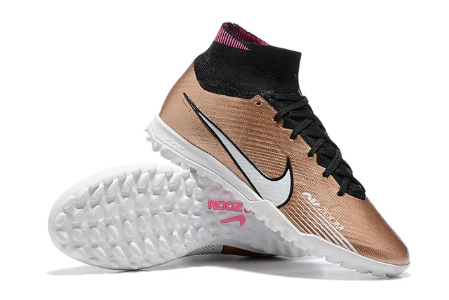Nike Sapatos de Futebol Turf com Colar de Ajuste a Meia, Parte Superior de Malha Metálica em Cor Dourada Preta 7
