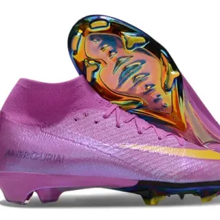 Nike Mercurial Sapatos de Futebol Roxo Amarelo Upper Tricot Iridiscente Placa Sola Holográfica Firm-Ground