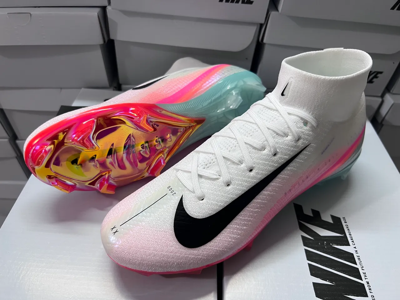 Nike Mercurial Superfly Branco Multicolor Alto-Corte Ajuste de Meia Sola Firme Sapatos de Futebol 8