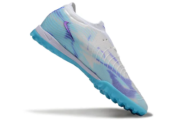 Nike Mercurial Vapor Parte superior de tricô branco e azul Swoosh roxo iridescente sapatos de futebol para gramado 2
