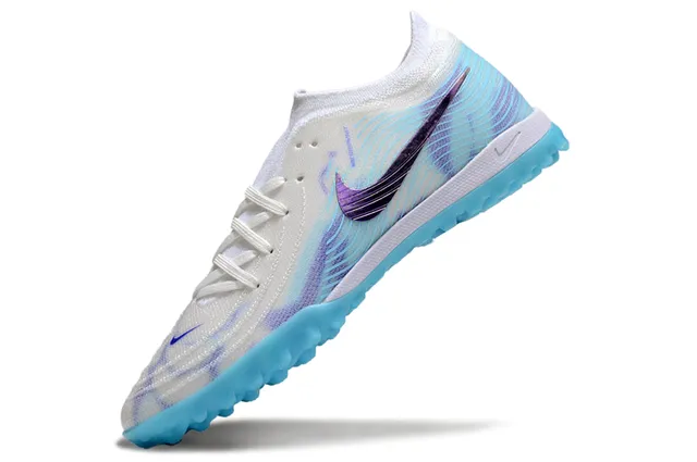 Nike Mercurial Vapor Parte superior de tricô branco e azul Swoosh roxo iridescente sapatos de futebol para gramado 3