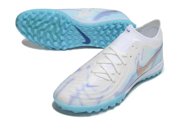 Nike Mercurial Vapor Parte superior de tricô branco e azul Swoosh roxo iridescente sapatos de futebol para gramado 4