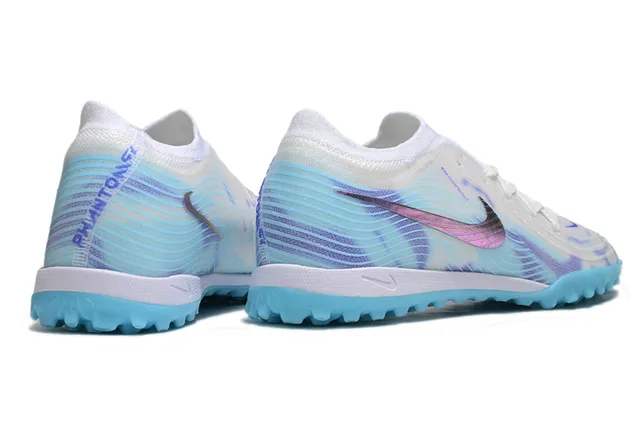 Nike Mercurial Vapor Parte superior de tricô branco e azul Swoosh roxo iridescente sapatos de futebol para gramado 5