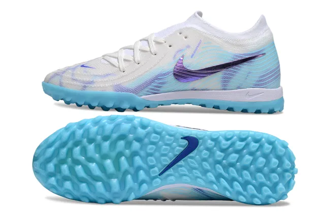 Nike Mercurial Vapor Parte superior de tricô branco e azul Swoosh roxo iridescente sapatos de futebol para gramado 6