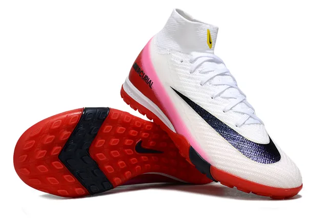 Nike Mercurial Branco Rosa Alto Corte Flyknit Superior Cadarços Assimétricos Turf Sapatos de Futebol 2