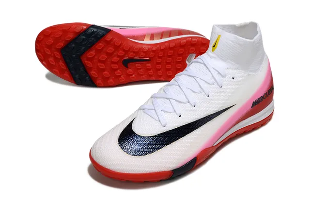 Nike Mercurial Branco Rosa Alto Corte Flyknit Superior Cadarços Assimétricos Turf Sapatos de Futebol 3