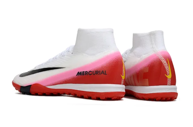 Nike Mercurial Branco Rosa Alto Corte Flyknit Superior Cadarços Assimétricos Turf Sapatos de Futebol 4