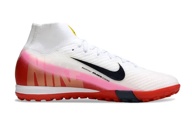 Nike Mercurial Branco Rosa Alto Corte Flyknit Superior Cadarços Assimétricos Turf Sapatos de Futebol 5
