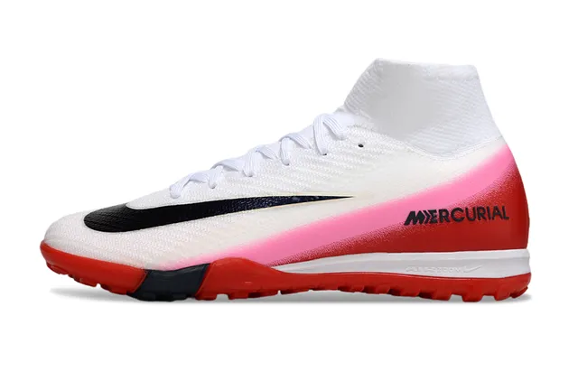 Nike Mercurial Branco Rosa Alto Corte Flyknit Superior Cadarços Assimétricos Turf Sapatos de Futebol 6