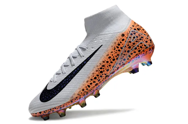 Nike Naranja Blanco High-Cut Flyknit Upper Iridiscent Outsole Firm-Ground Zapatos de fútbol 4