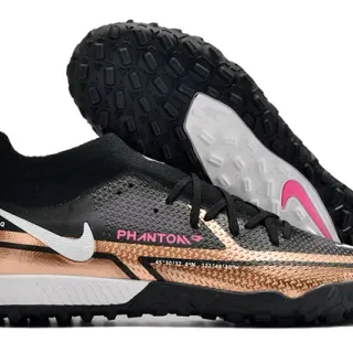 Nike Phantom GT Preto Dourado Colar Ajuste de Meia Faixa Metálica Gramado Sapatos de Futebol